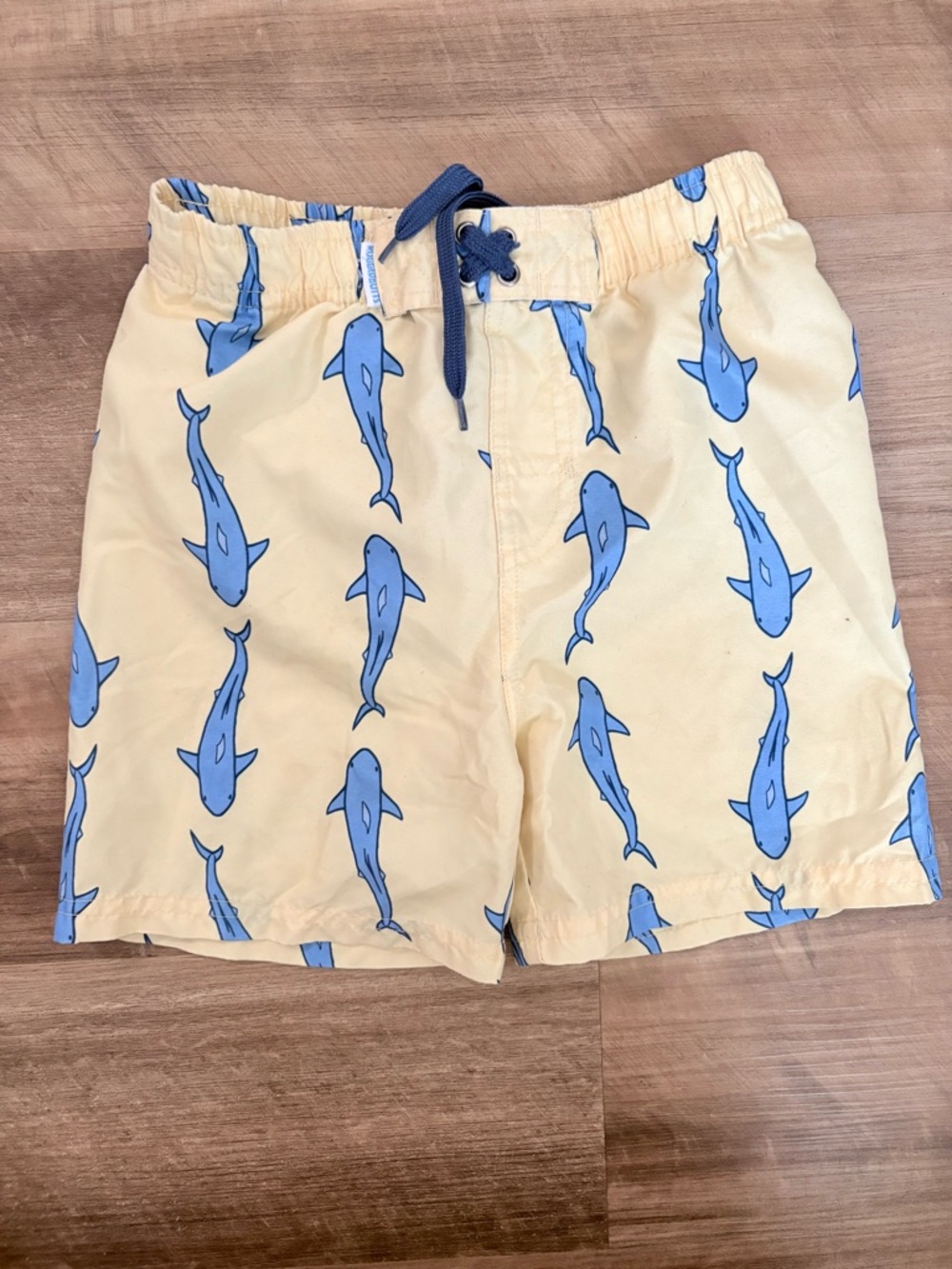 Boys Yellow Swim Trunks with Blue Shark Print